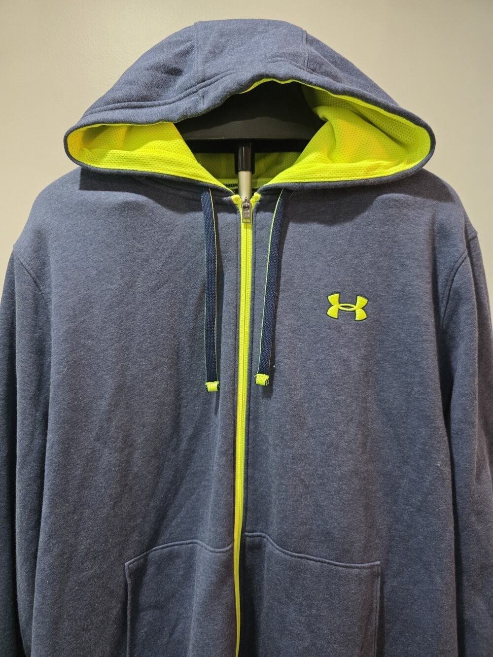 Under Armour Hoodie Mens XL Blue Neon Yellow Full Zip Loose Fit Sweatshirt